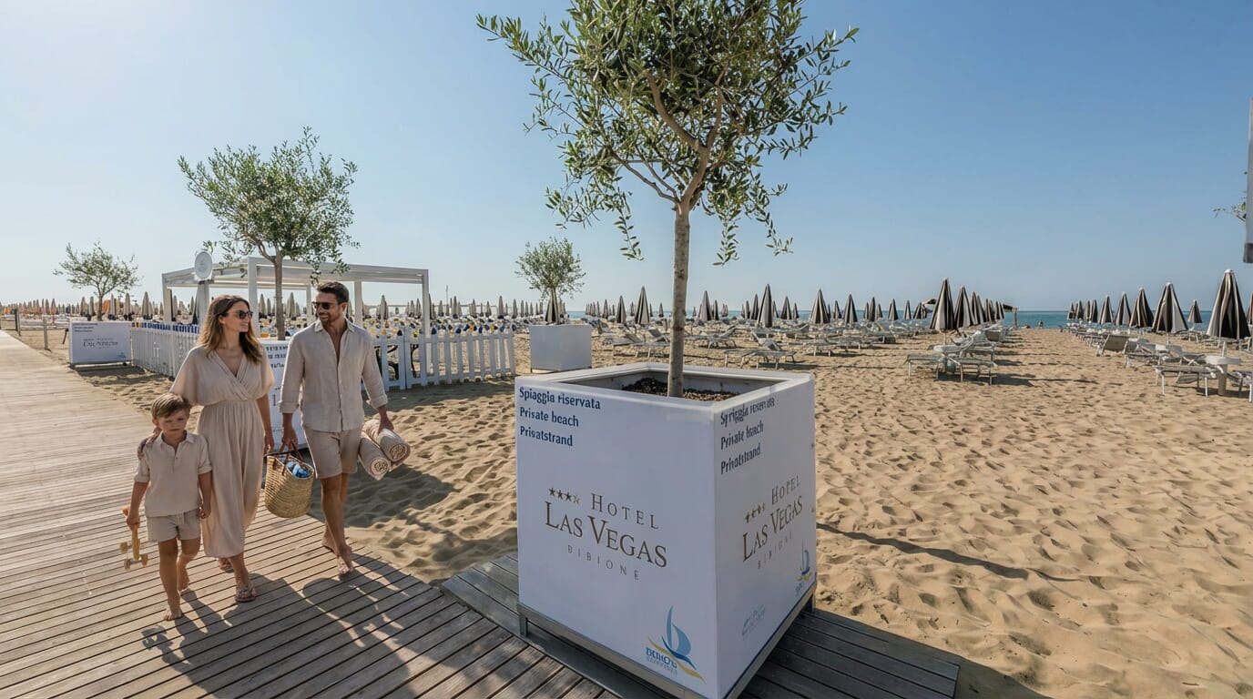 Famiglia cammina su passerella spiaggia sabbiosa hotel mare.